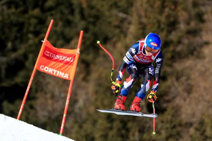 Mikaela Shiffrin races on a course in Cortina d’Ampezzo, Italy.